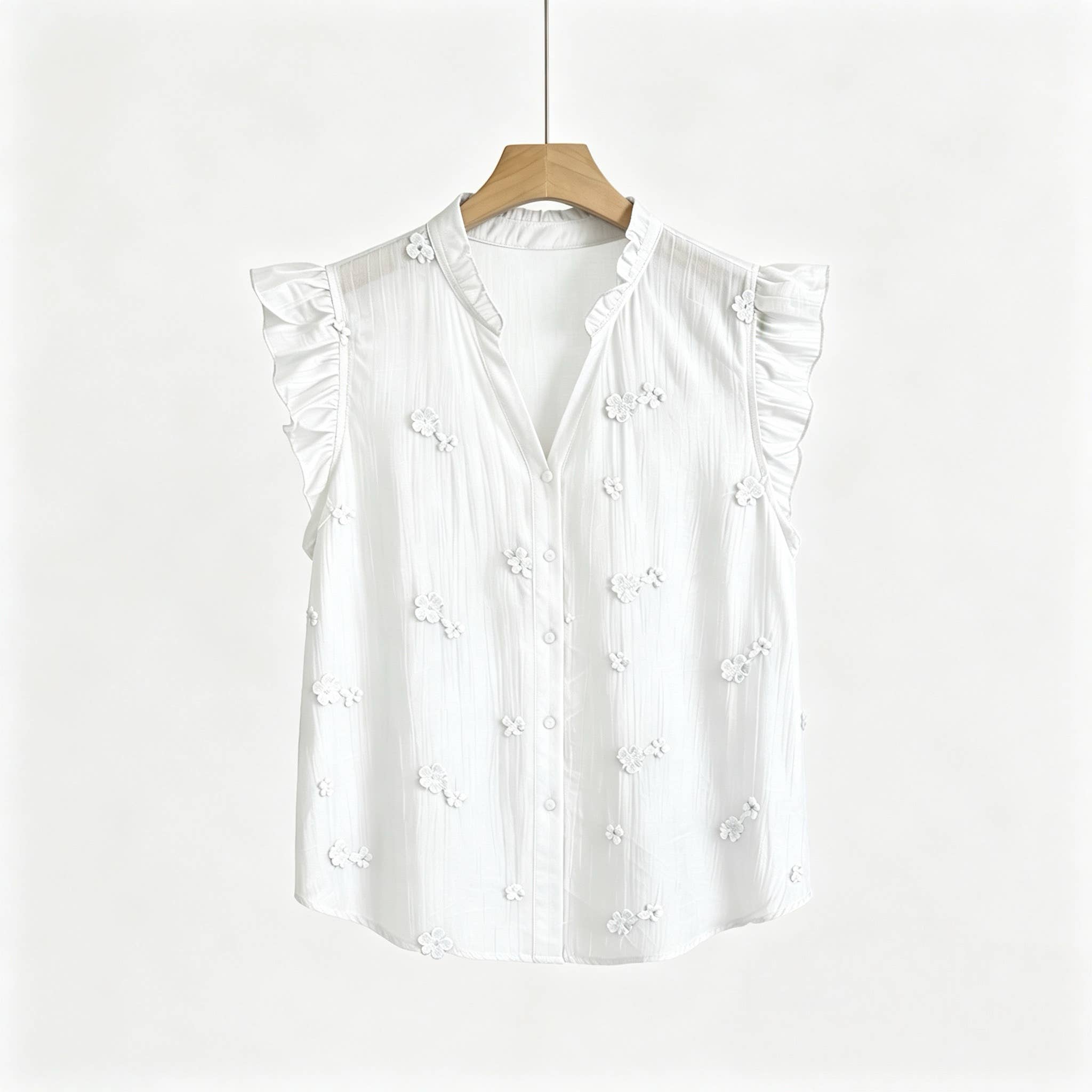Top fluide brodé relief blanc bleu