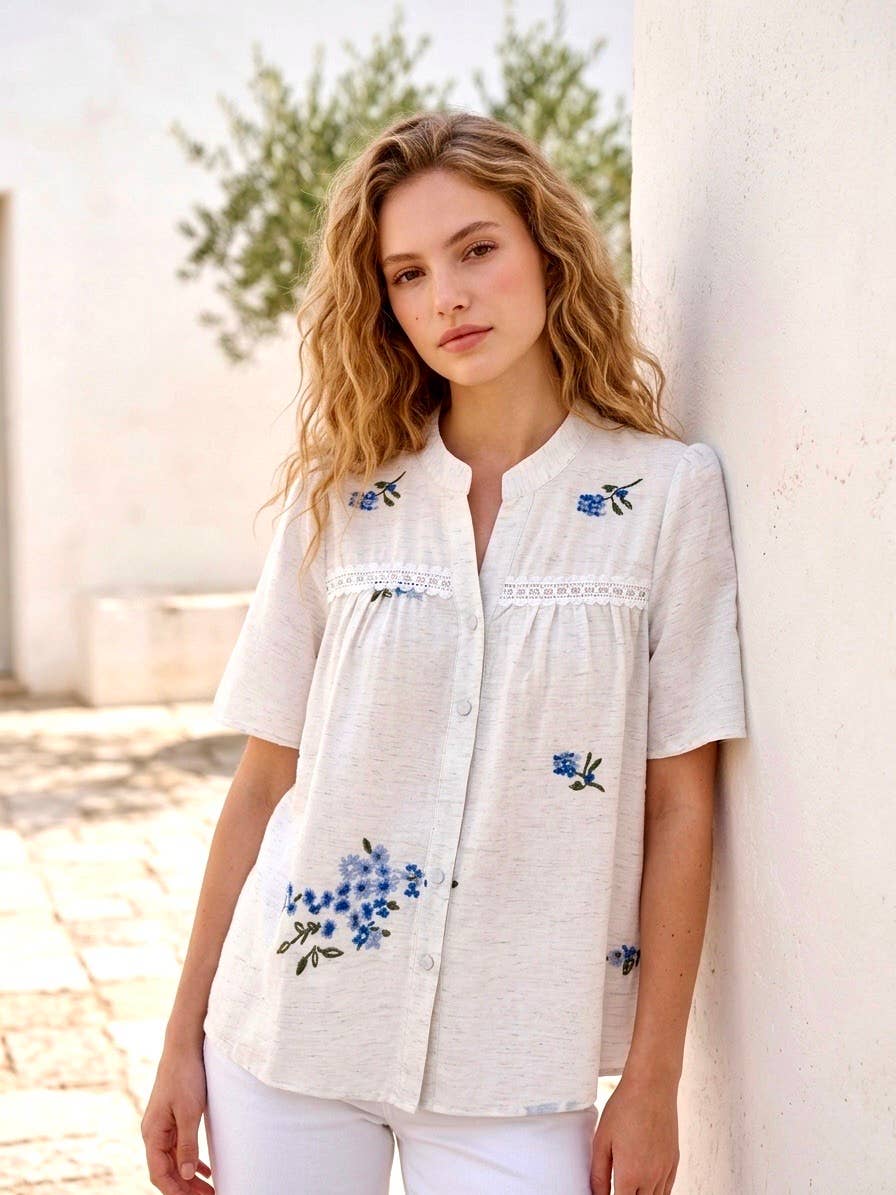 Chemisier Fluide Écru à Broderies Florales (Bleues ou Roses)