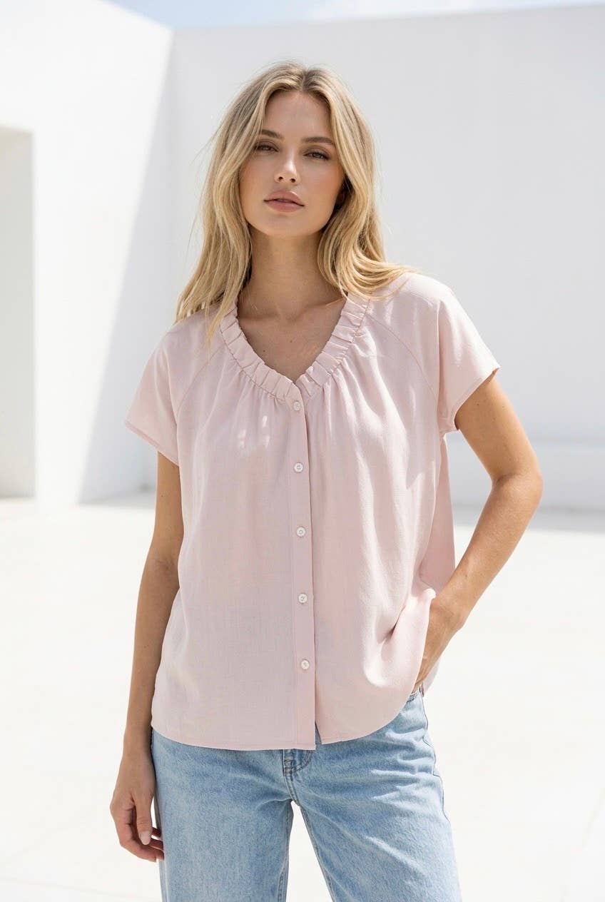 Top fluide col volant blanc bleu rose