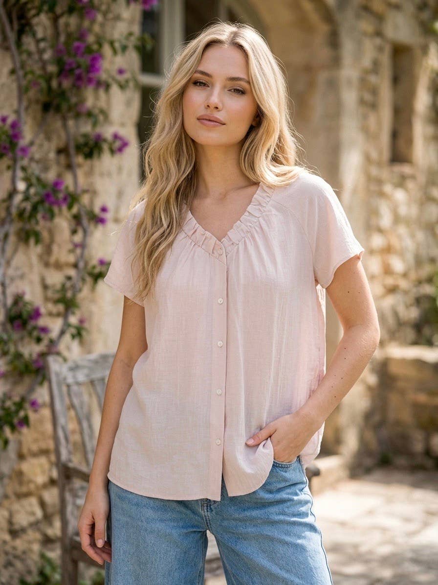 Top fluide col volant blanc bleu rose